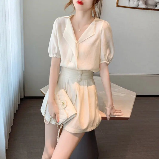 2020 Vintage French Style Chiffon Top and Shorts Set