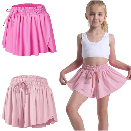 2 Pack Butterfly Flowy Shorts Skirts for Girls Tennis Cheer Stuff Athletic Preppy Running Sports Skirt for Teen Girls(Rose red Light Pink L)
